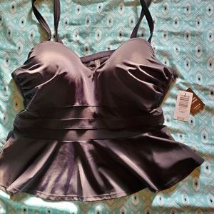 Black Mesh Inset Underwire Peplum Midkini Top